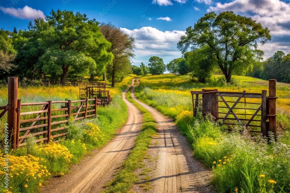 Rutted dirt road winds through rural countryside with rusty metal gates, worn wooden fences, and abandoned construction Rutted dirt road winds through rural countryside with rusty metal gates, worn wooden fences, and abandoned construction