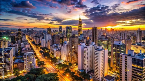 São Paulo's iconic skyline at dusk, showcasing majestic skyscrapers, bustling streets, and vibrant city lights amidst a photo