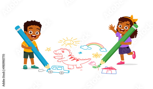 little kid and friend drawing on wall with crayon and paint
