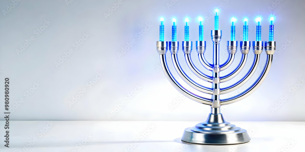 3D Macro Shot of Futuristic Menorah Base with Glowing LED Strips - Intricate High-Tech Design on Isolated White Background 3D Macro Shot of Futuristic Menorah Base with Glowing LED Strips - Intricate High-Tech Design on Isolated White Background