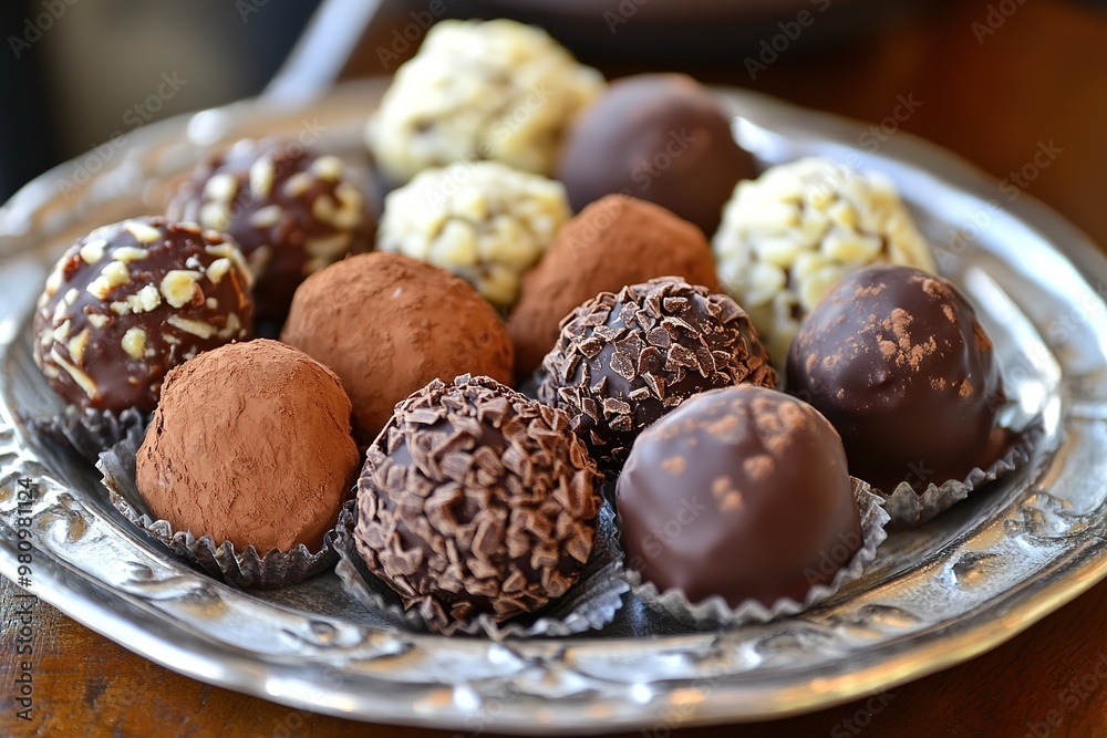 Assorted chocolate truffles on silver plate Assorted chocolate truffles on silver plate
