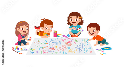 little kid and friend drawing on big paper with paint and feel happy