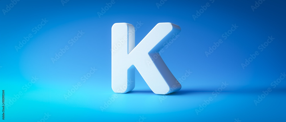 Isometric rendering of a white letter K with smooth edges standing on a light blue background, suited for branding purposes. Isometric rendering of a white letter K with smooth edges standing on a light blue background, suited for branding purposes.