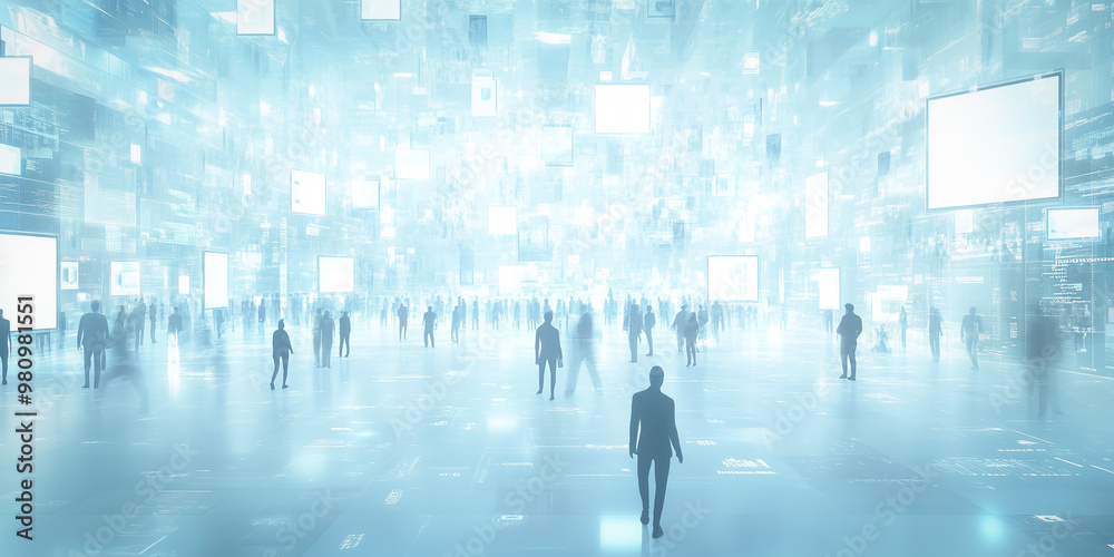 A futuristic digital environment featuring floating transparent panels and silhouettes of people moving through a vast space, evoking themes of data and technology. A futuristic digital environment featuring floating transparent panels and silhouettes of people moving through a vast space, evoking themes of data and technology.