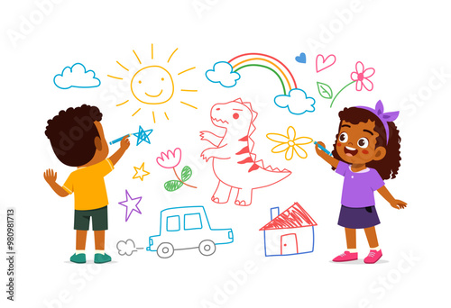 little kid and friend drawing on wall with paint and feel happy