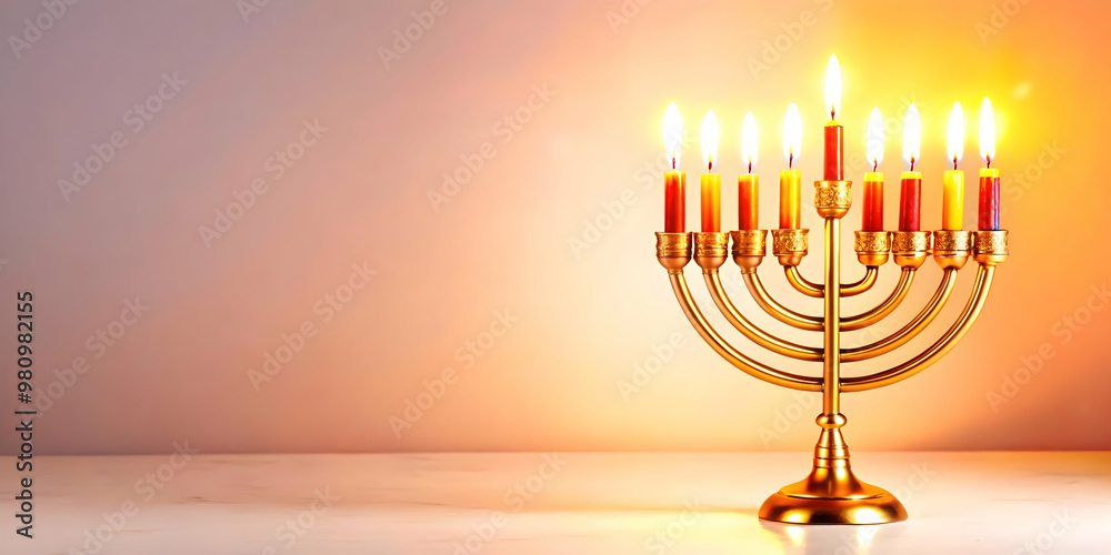 Vibrant Digital Art of Glowing Abstract Menorah with Colorful Candles for Hanukkah Celebrations - Spiritual and Festive Atmosphere in Photo Stock Vibrant Digital Art of Glowing Abstract Menorah with Colorful Candles for Hanukkah Celebrations - Spiritual and Festive Atmosphere in Photo Stock