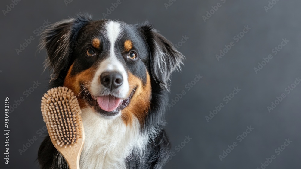 Smiling Bernese Mountain Dog Holding a Brush Smiling Bernese Mountain Dog Holding a Brush