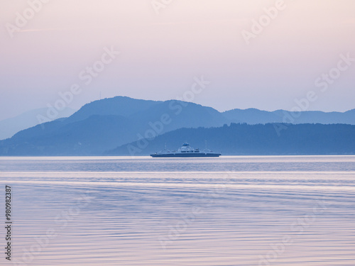 Ferry, Norway, boat, ship, sunset, fjord, water, traffic, sea, nature, ocean, evening, mountains