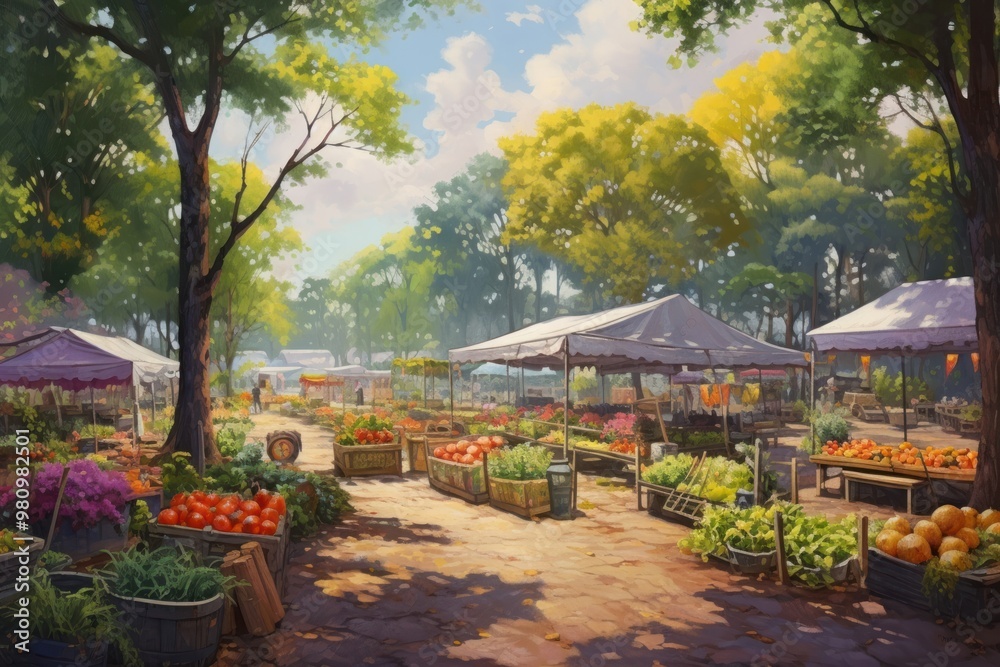 PNG Farm market in city park outdoors painting plant. PNG Farm market in city park outdoors painting plant.