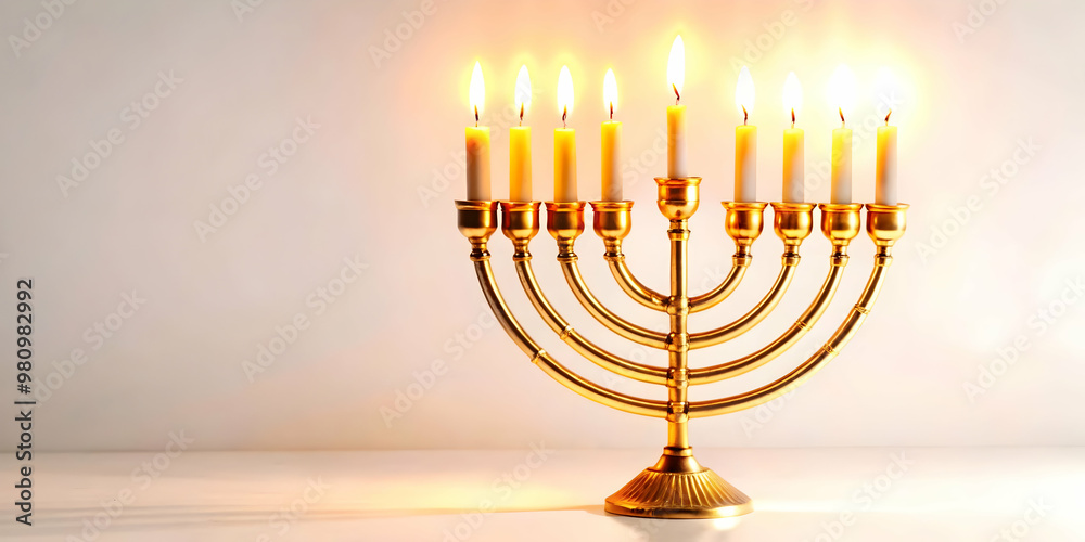 Fototapeta premium Futuristic 3D Glowing Menorah with Abstract Candle Flames - Modern Digital Art for Hanukkah Ecommerce Banners, Medium Shot Focused Design