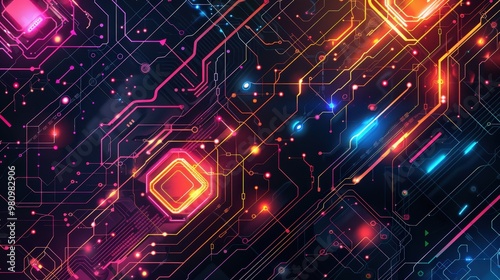 This abstract technology background showcases a blend of geometric shapes and glowing circuit patterns