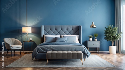 Serene blue-walled bedroom features sleek grey furniture, including a plush velvet headboard, minimalist nightstand,