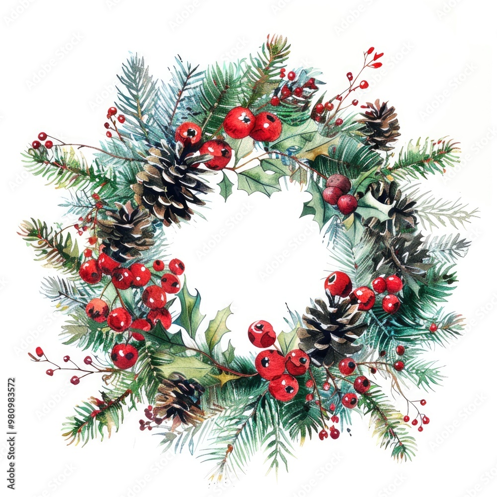 Traditional Christmas Wreath with Pinecones and Red Berries on White Background Traditional Christmas Wreath with Pinecones and Red Berries on White Background