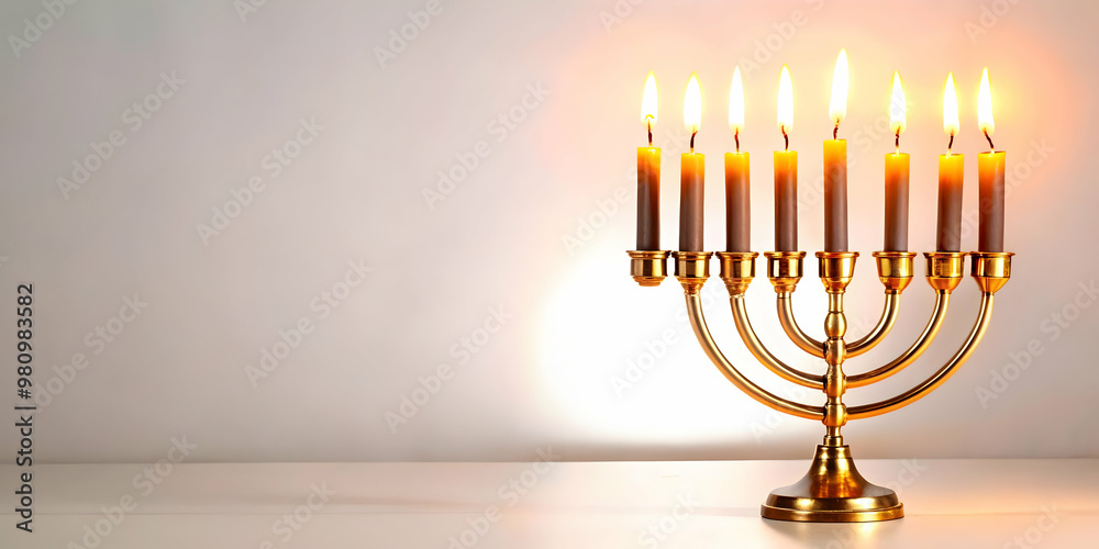 Flat Glossy Hanukkah Menorah with Glowing Candles - Elegant Dark Background with Ample Copy Space for Promotional Content Flat Glossy Hanukkah Menorah with Glowing Candles - Elegant Dark Background with Ample Copy Space for Promotional Content