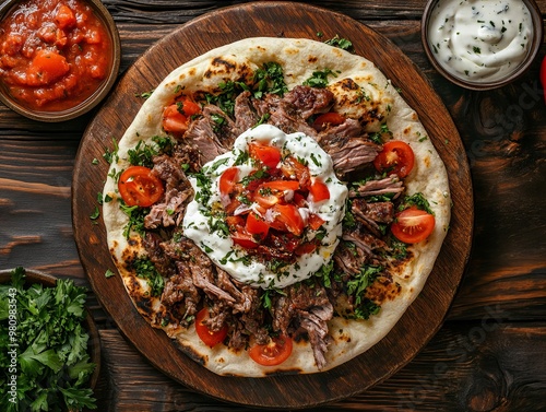 A Iskender Kebab. The most popular Turkish dishes. Thinly sliced döner meat served over pita bread, topped with tomato sauce, melted butter, and yogurt.