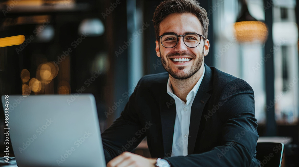 A young businessman with charismatic smile is working at laptop in modern office setting, exuding confidence and professionalism A young businessman with charismatic smile is working at laptop in modern office setting, exuding confidence and professionalism