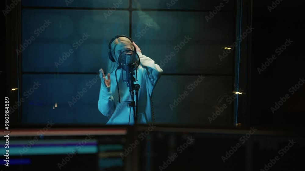 Female singer recording new pop song in professional record studio, portrait. Beautiful woman singing to microphone, star of popular record label, talented lady starting career in musical industry
