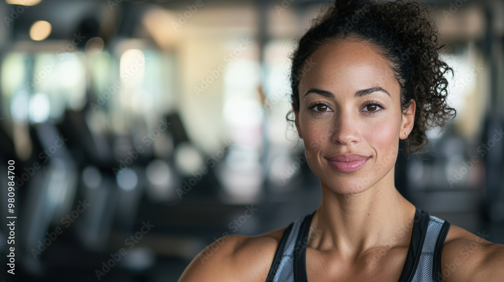 A serene portrait of woman in gym wear looking determined and confident, showcasing her strength and focus in fitness environment A serene portrait of woman in gym wear looking determined and confident, showcasing her strength and focus in fitness environment