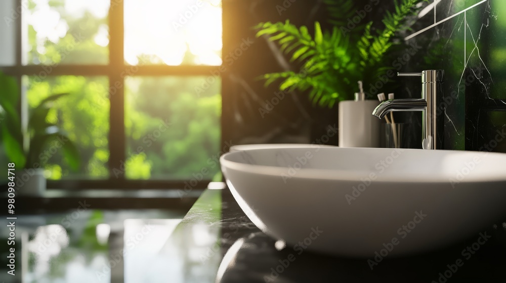Modern bathroom sink with natural light and green plant decor. Stylish and elegant interior design for a refreshing morning routine. Modern bathroom sink with natural light and green plant decor. Stylish and elegant interior design for a refreshing morning routine.