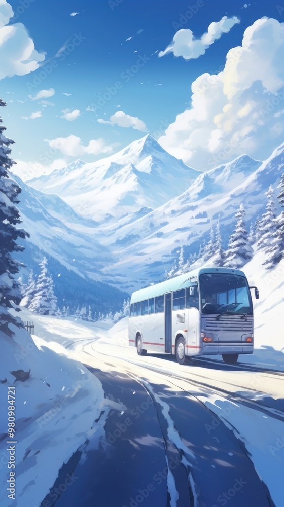 Travel bus driving through high level snow outdoors vehicle scenery. Travel bus driving through high level snow outdoors vehicle scenery.