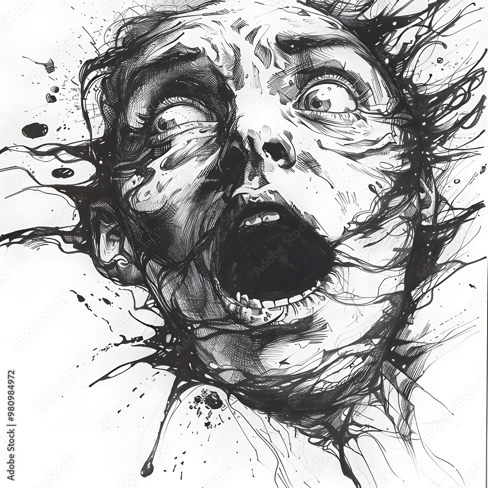 Fototapeta premium A terrifying face contorted in horror as dark tendrils engulf it in an unsettling display of fear and chaos