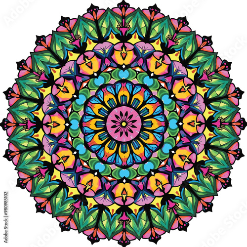 Brightly Illustrated Mandala:  An Engaging Coloring Experience with Ethnic Patterns 