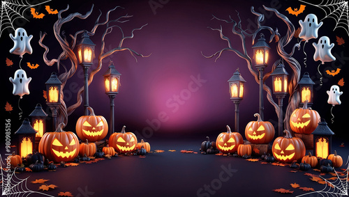  A spooky Halloween scene with glowing pumpkins, twisted trees, lanterns, bats, ghosts, and cobwebs, set against a dark purple background for a festive and eerie atmosphere. photo