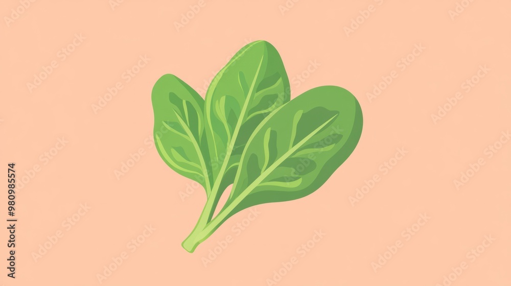 A flat design of a leafy spinach icon against a pastel peach background, representing fresh vegetables. A flat design of a leafy spinach icon against a pastel peach background, representing fresh vegetables.