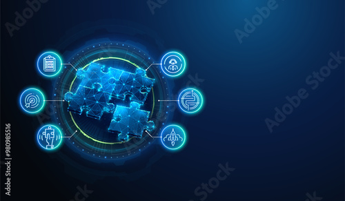 Abstract illustration of putting together the puzzle complete with lineart icons in low poly style. Blue geometric background depicting business teamwork and problem solving concept by wireframe mesh