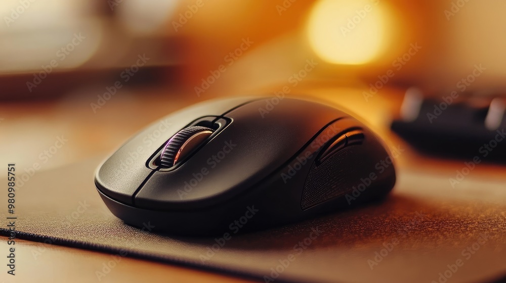 A computer mouse with a scroll wheel, resting on a mouse pad A computer mouse with a scroll wheel, resting on a mouse pad