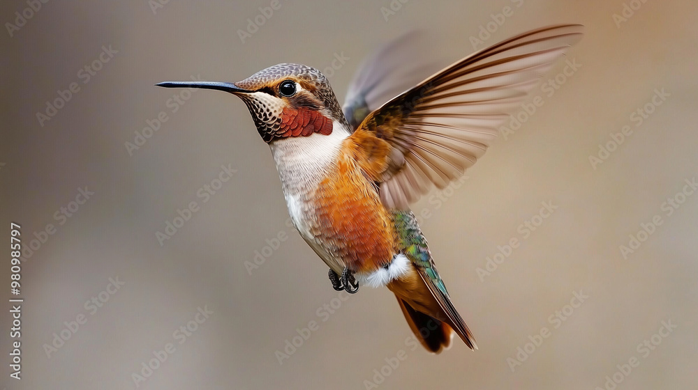 Obraz premium Colorful Hummingbird in Flight with Blurred Wings