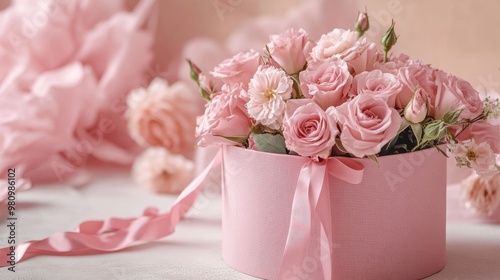 Elegant pink gift box with a ribbon, filled with fresh roses, perfectly capturing the essence of love and thoughtfulness.