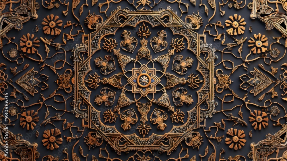 This Arabic pattern showcases a blend of intricate geometric shapes and traditional arabesque designs. This Arabic pattern showcases a blend of intricate geometric shapes and traditional arabesque designs.