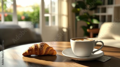 Coffee cup with croissant, cozy breakfast table, 3D illustration