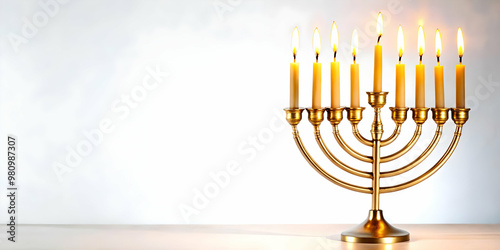 3D Minimalist White Background with Glowing Menorah and Hanukkah Candles Silhouette for Elegant Holiday Promotions