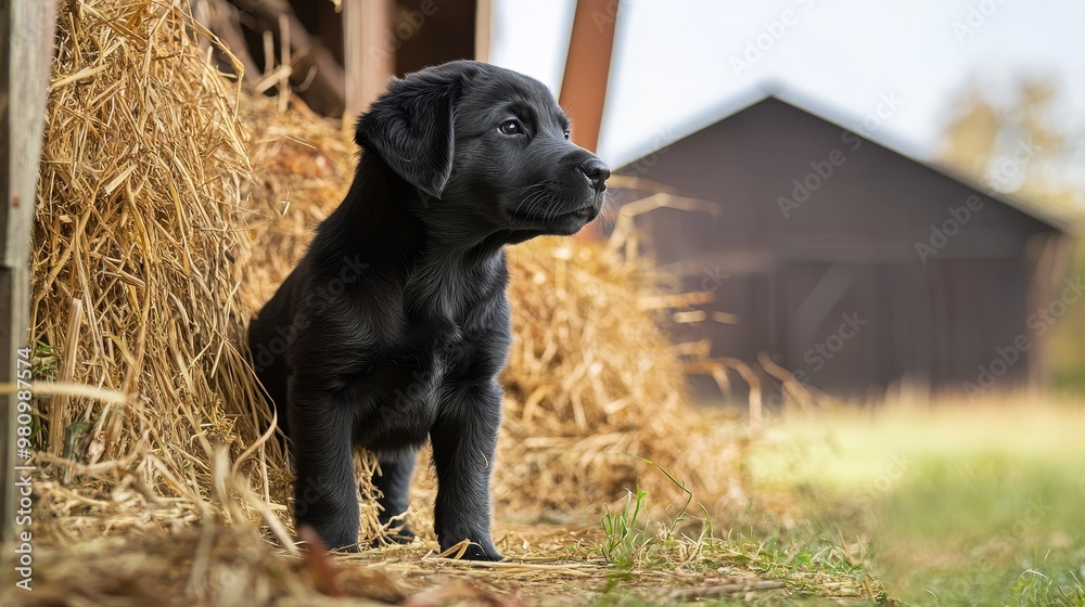 Playful Black Beauceron Puppy Standing Alertly by Rustic Barn Under Natural Lighting Playful Black Beauceron Puppy Standing Alertly by Rustic Barn Under Natural Lighting