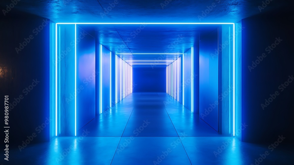 A futuristic hallway illuminated by blue neon lights, creating a modern and immersive atmosphere. A futuristic hallway illuminated by blue neon lights, creating a modern and immersive atmosphere.