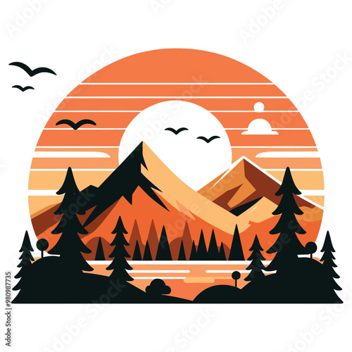 Vector sunset mountain landscape illustration, orange and black, inspiring nature wallpaper