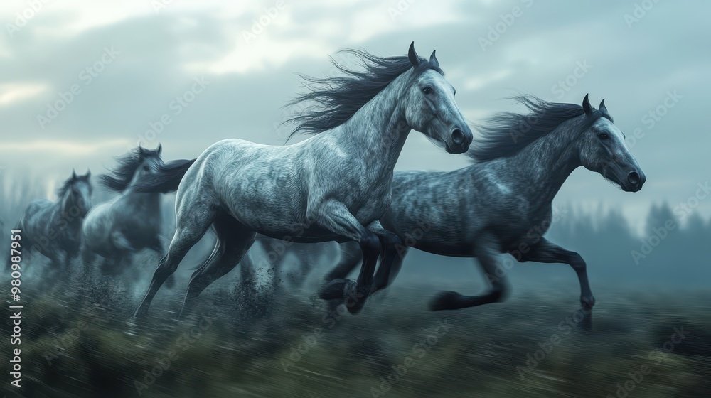 Naklejka premium Wild horses running across a field, dynamic movement, 3D illustration