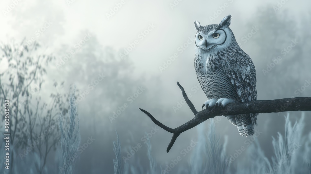 Owl perched on a branch, misty forest background, 3D illustration Owl perched on a branch, misty forest background, 3D illustration