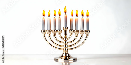 Futuristic Metallic Menorah with Glowing Hanukkah Candles - Modern High-Tech Flat Vector Illustration | Simple Design for Celebrating Tradition