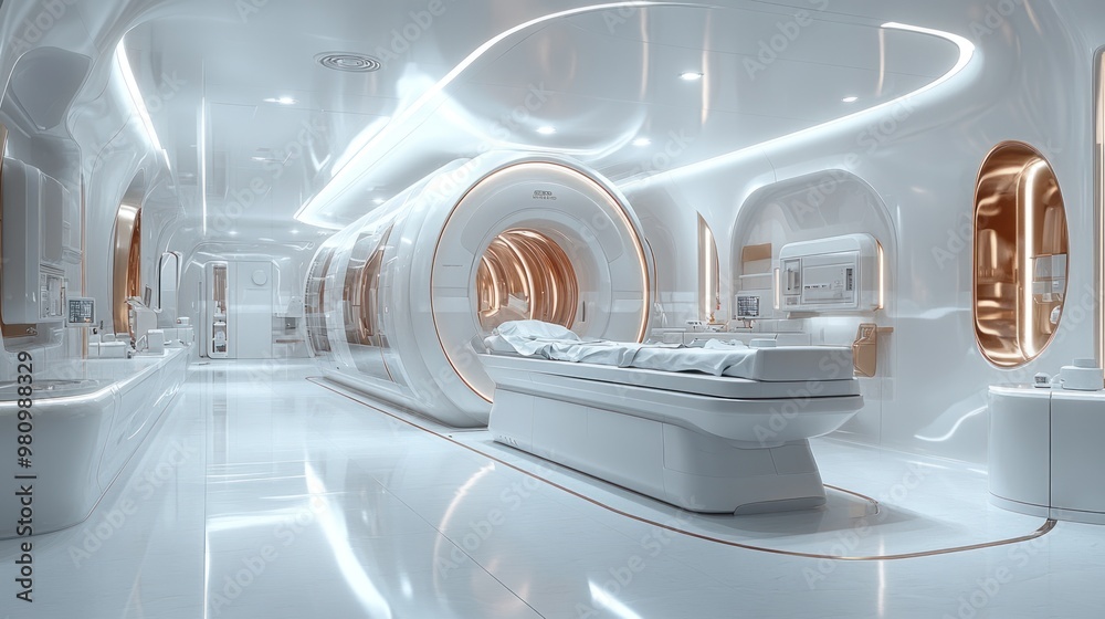 Futuristic medical facility with advanced imaging equipment. Futuristic medical facility with advanced imaging equipment.
