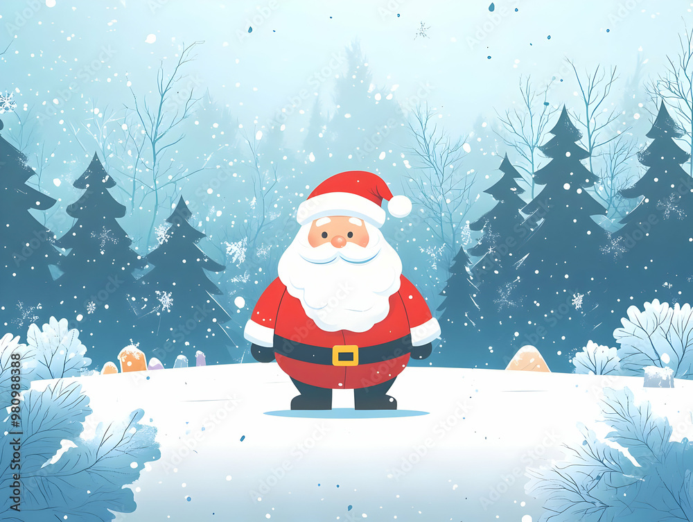 Flat Santa in a Glossy Winter Wonderland: Captivating Snowy Scene with Shimmering Light Effects and Ample Copy Space for Text Overlays