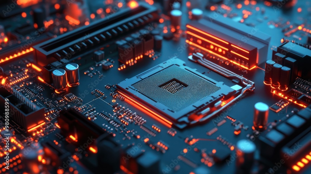 Fototapeta premium A motherboard with various components, including a CPU and RAM