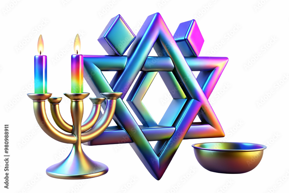 Fototapeta premium Holographic Star of David and Menorah on Glossy Background with Copy Space for Hanukkah Promotions - Wide Angle Shot