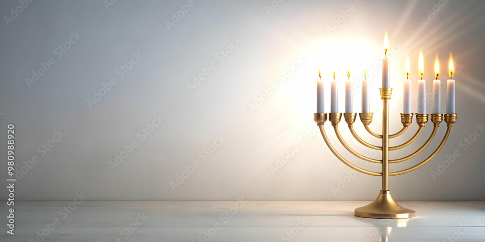 Elegant Photo Stock: Minimalist Plain White Background with Glowing Menorah and Hanukkah Candles Silhouette - Perfect for Promotional Needs and Text Space Elegant Photo Stock: Minimalist Plain White Background with Glowing Menorah and Hanukkah Candles Silhouette - Perfect for Promotional Needs and Text Space