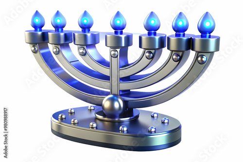 3D Macro of Futuristic Menorah Base with LED Light Strips - High-Detail Close-Up Shot of Glowing Lights and Metallic Design on White Background photo