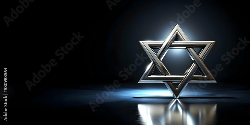 Glossy Star of David Floating on Shiny Black Background with Copy Space for Promotional Text - High Tech Modern Photo Concept