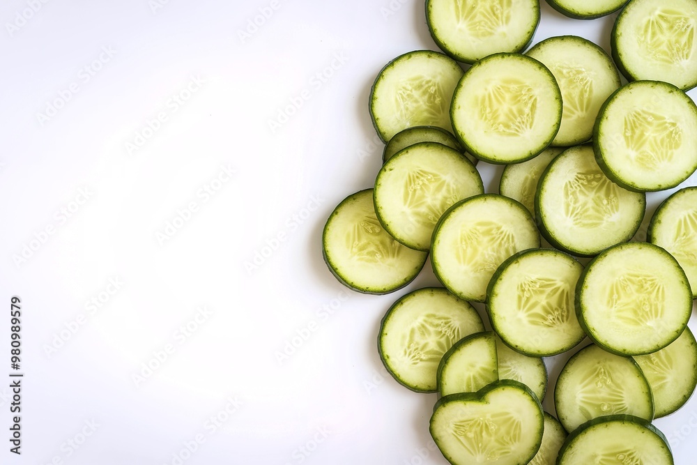 Round cucumber slices on a white background with free space Round cucumber slices on a white background with free space