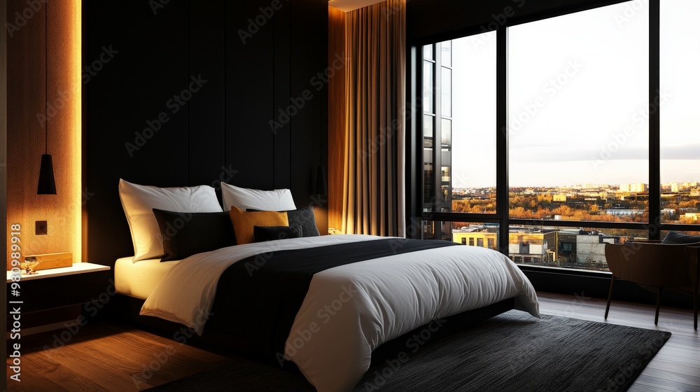 Modern bedroom with city view, featuring contemporary decor, floor-to-ceiling windows, and a cozy king-size bed with black and white bedding. Modern bedroom with city view, featuring contemporary decor, floor-to-ceiling windows, and a cozy king-size bed with black and white bedding.